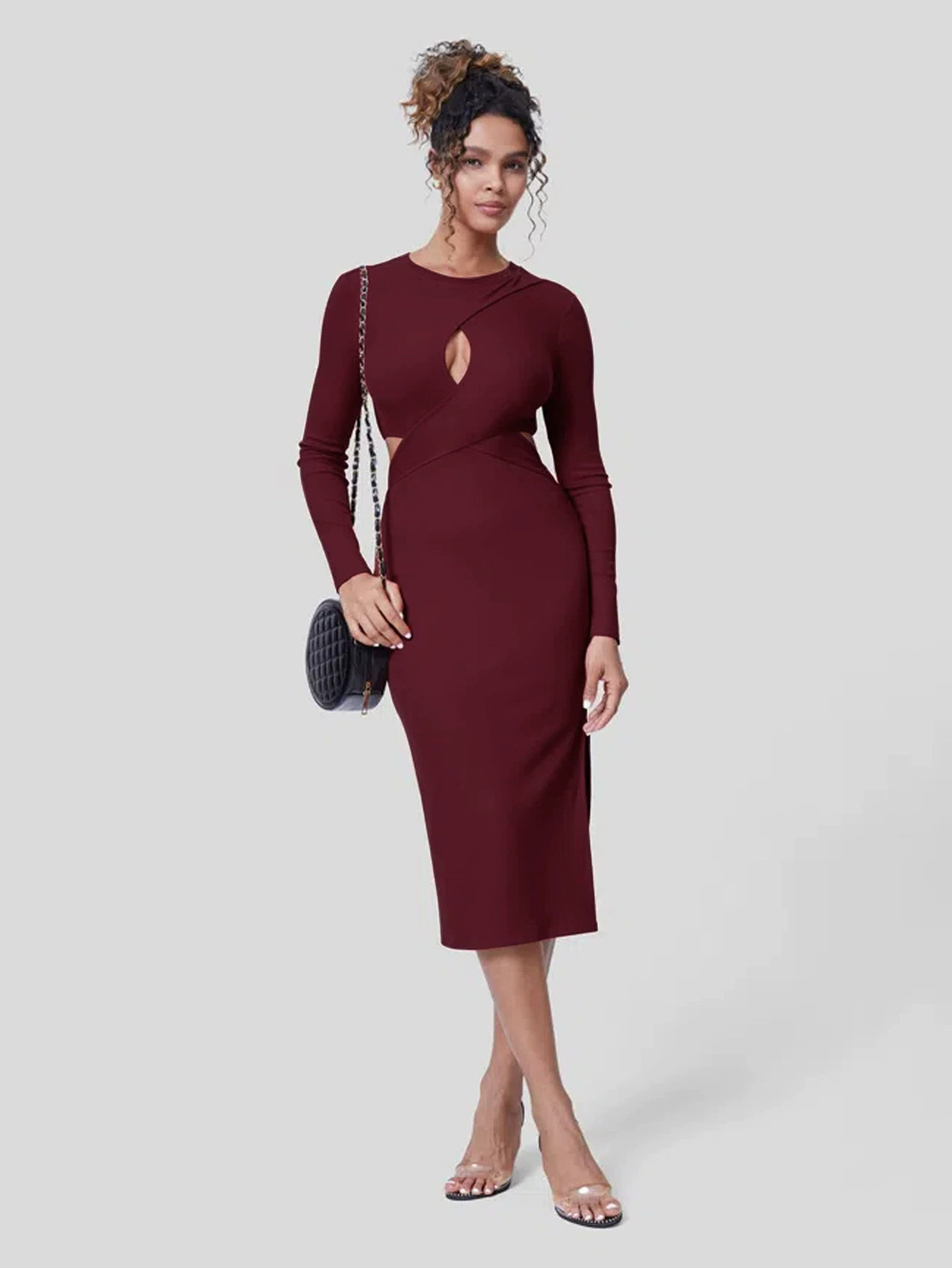 ZARA Sexy Solid Cutout Round Neck Long Sleeve Slit Bodycon Dress